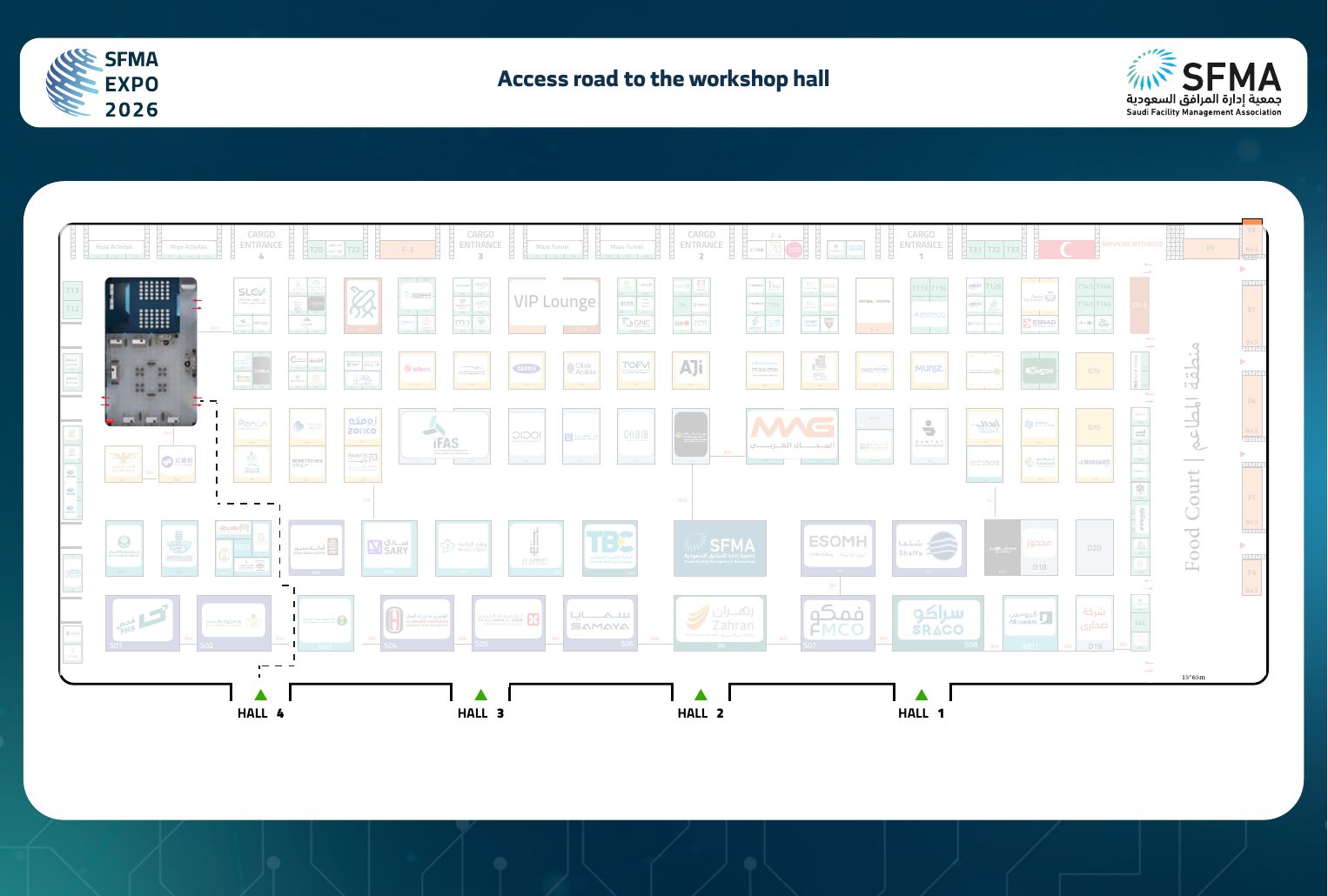Floor plan: route from the Hall 4 entrance to the Innovation and Workshops Zone